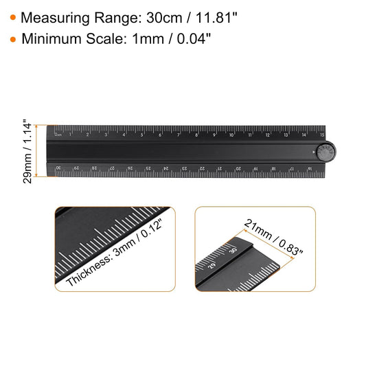 HARFINGTON Folding Straight Ruler 30cm Aluminum Alloy Protractor Black