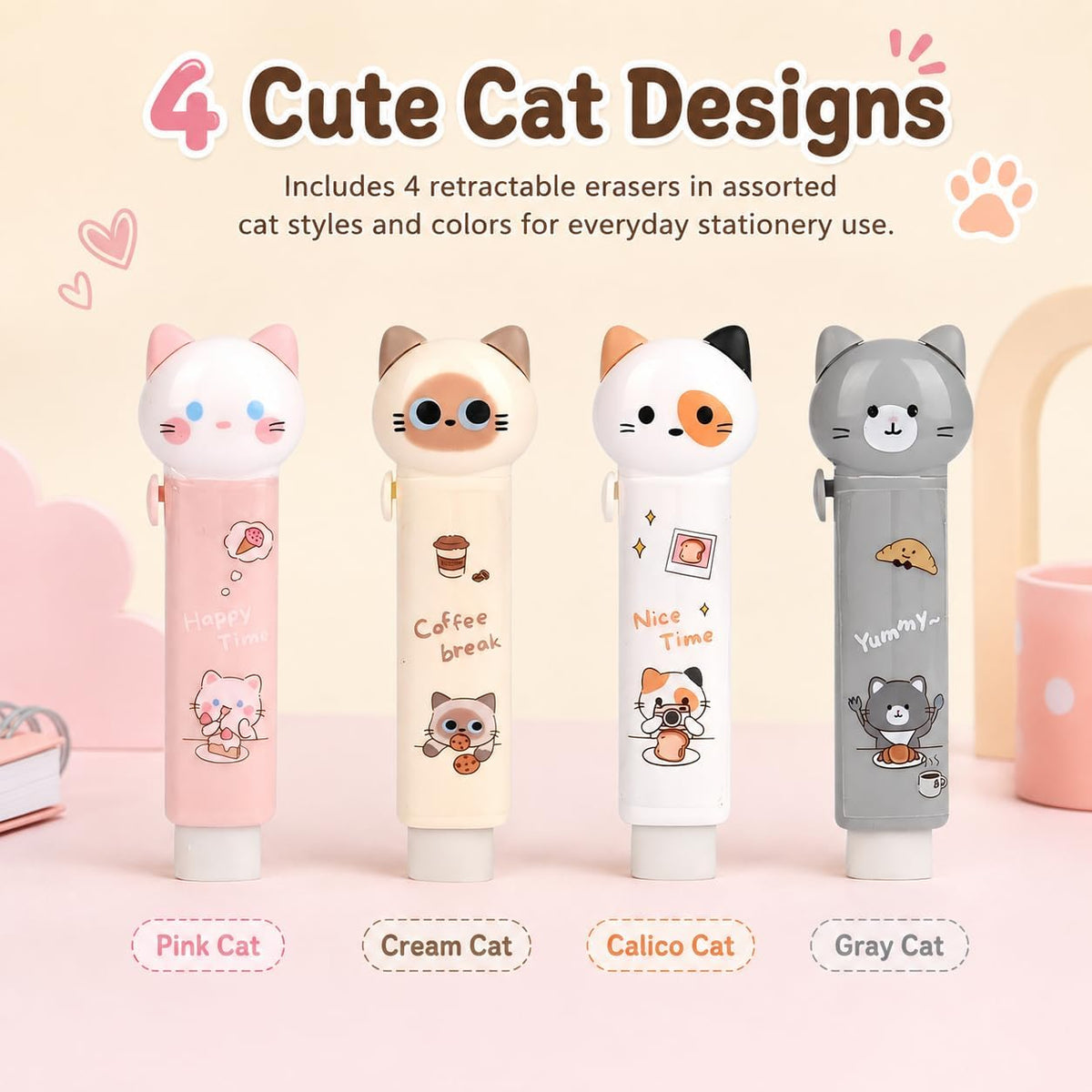 4 Pcs Cute Cat Retractable Pencil Eraser, Push-Pull Rubber Eraser Back to School Supplies for School Home Office Supplies Party Favors Gift