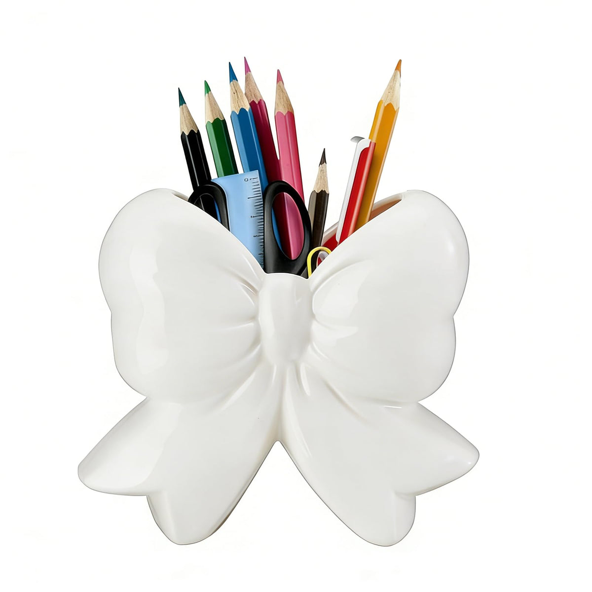 Bow Pen Holder for Desk, Coquette Ceramic Pencil Organizer Makeup Brush Holders with Bow, School Supplies Cute Office Decor, Back to School Accessories for Teachers Appreaction Gift for Women(pink)
