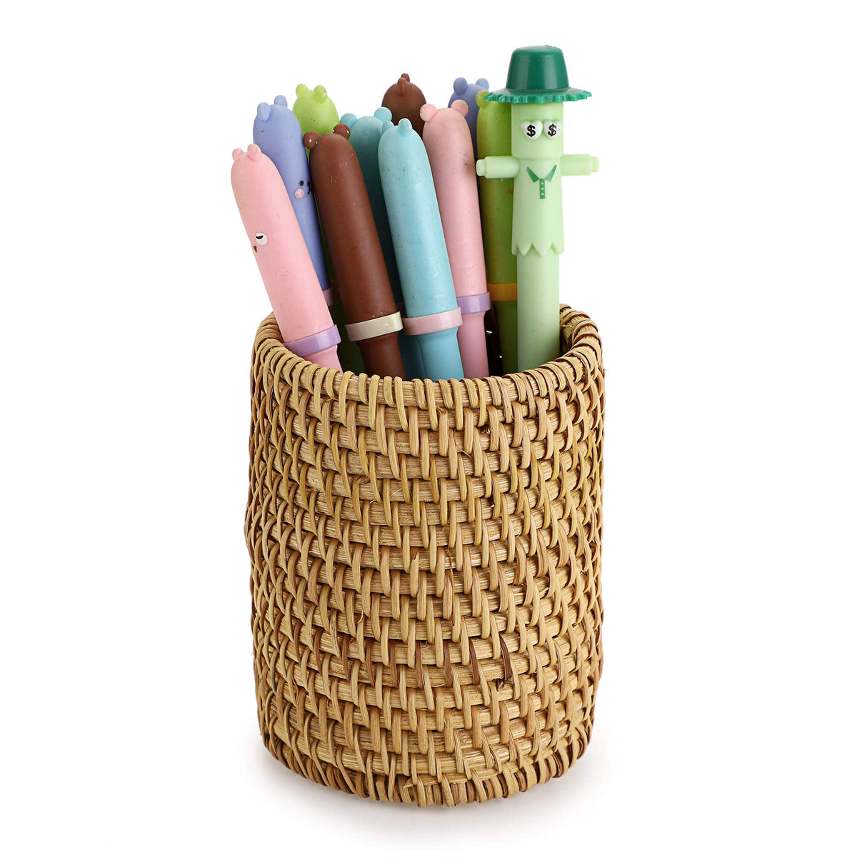 BTSKY Rattan Pen Cup, Handmade Desk Pencil Holders Makeup Brush Holder Multi-Functional Woven Basket Office&Home Desktop Organizer(Cone)