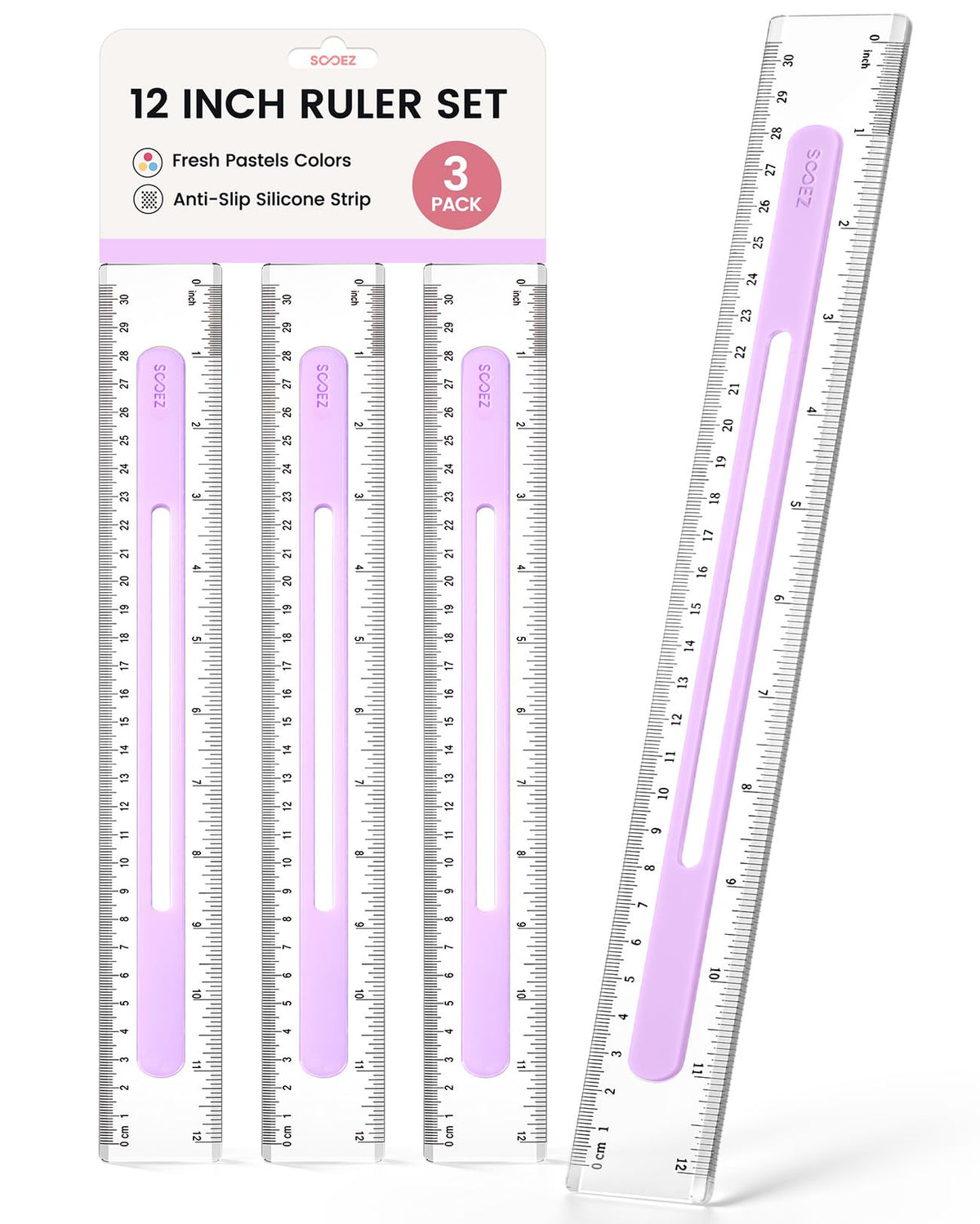 Sooez 6 Pack Ruler 12 Inch, Anti-Slip Clear Rulers for Kids School, Pastels