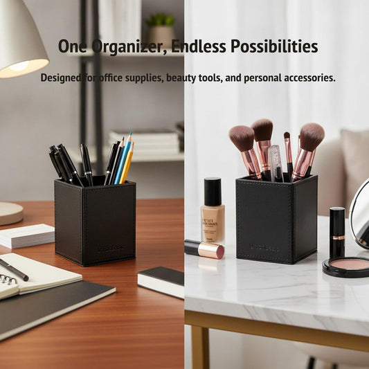 UnionBasic Square Pen Holder, Leather Pencil Cup, Desktop Caddy Stationery Organizer, Black