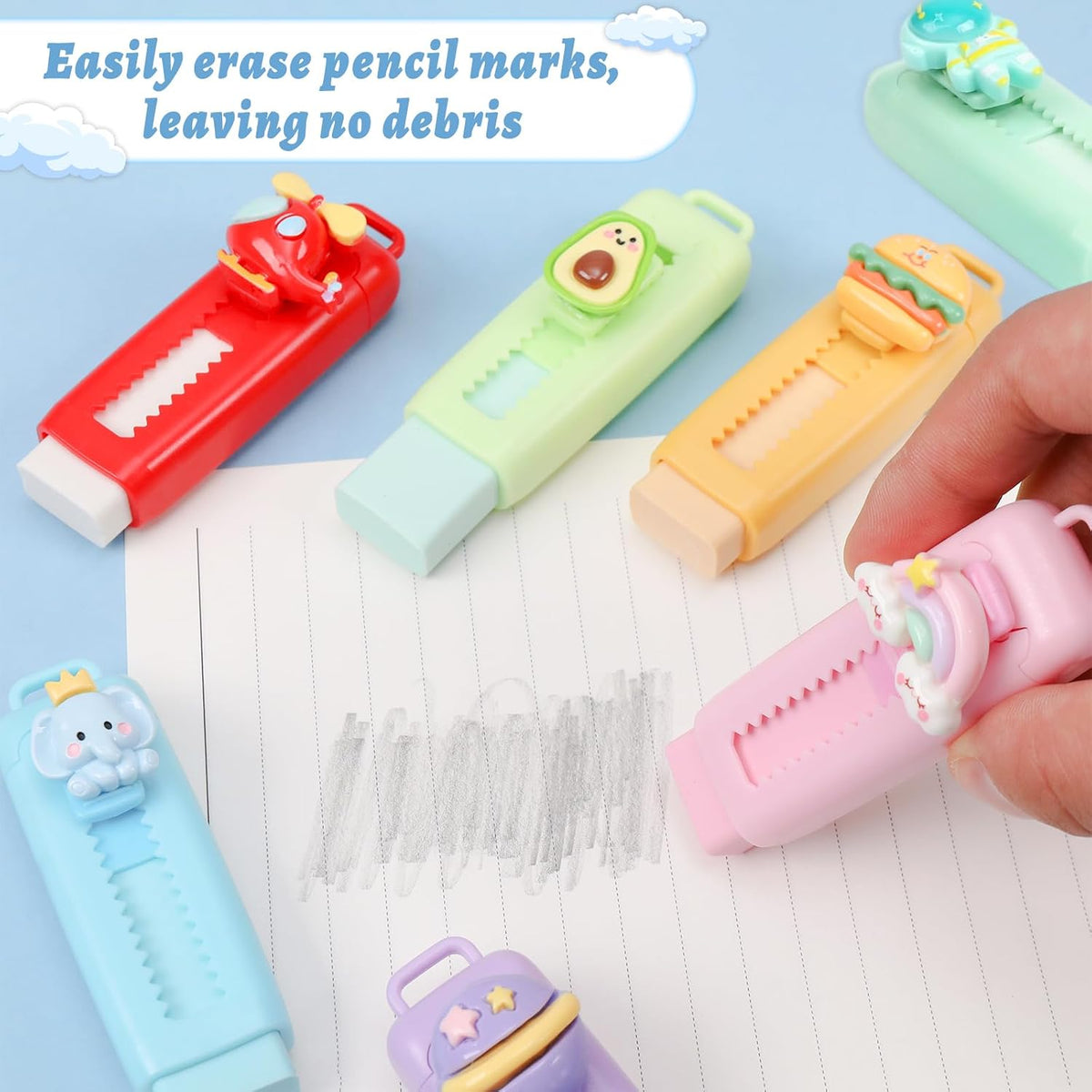 24 Pack Cute Retractable Pencil Erasers for Kids Bulk Kawaii Cartoon Fun Erasers for Teacher Class Rewards Favor School Supplies Home Office Party Gift Filling