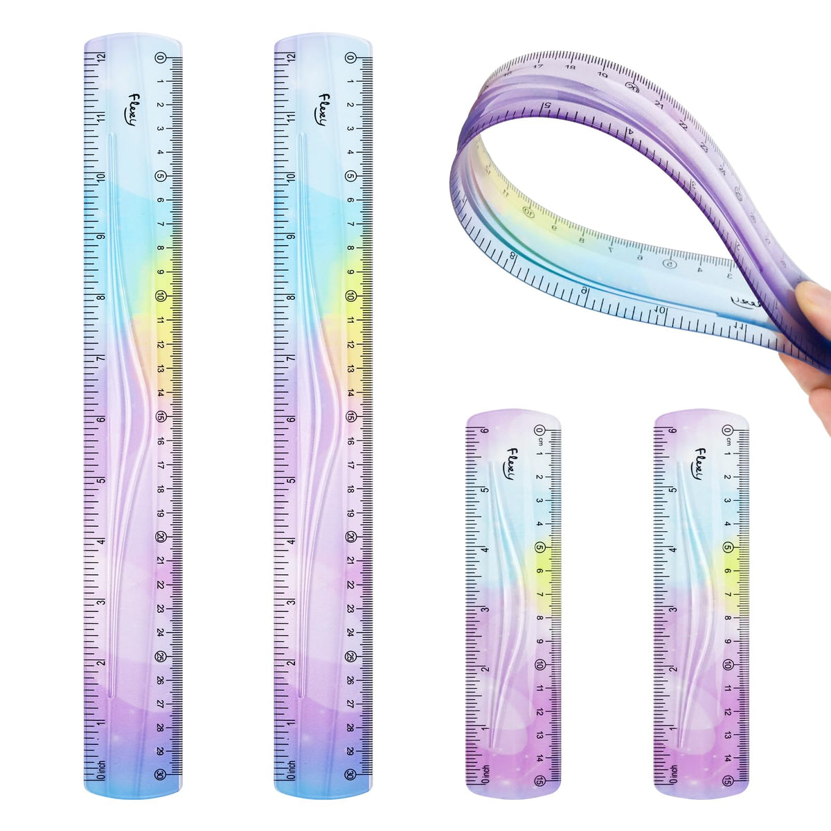 2 PCS 12 Inch Flexible Ruler, Bendable Plastic Ruler, Soft Bendable Gradient Colour Rulers with Centimeters and Inches for Student School Classroom Office Supplies