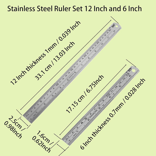 YouOKLight Metal Ruler Set, Stainless Steel 6 Inch and 12 Inch Rulers with Inches and Centimeters, Metric Precision Measuring Drawing Ruler, Silver