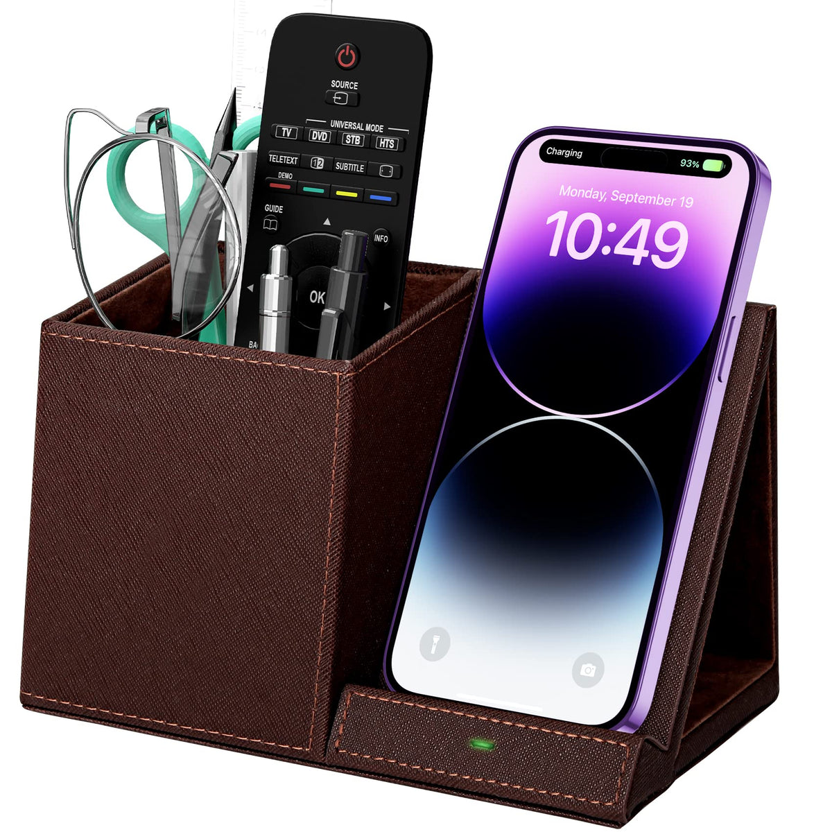Desk Supplies Organizer, Multi-Functional Pencil Pen Holder with Wireless Charger, Desktop Stationery Organizer, Home Office Supply Storage Box Caddy (Black)