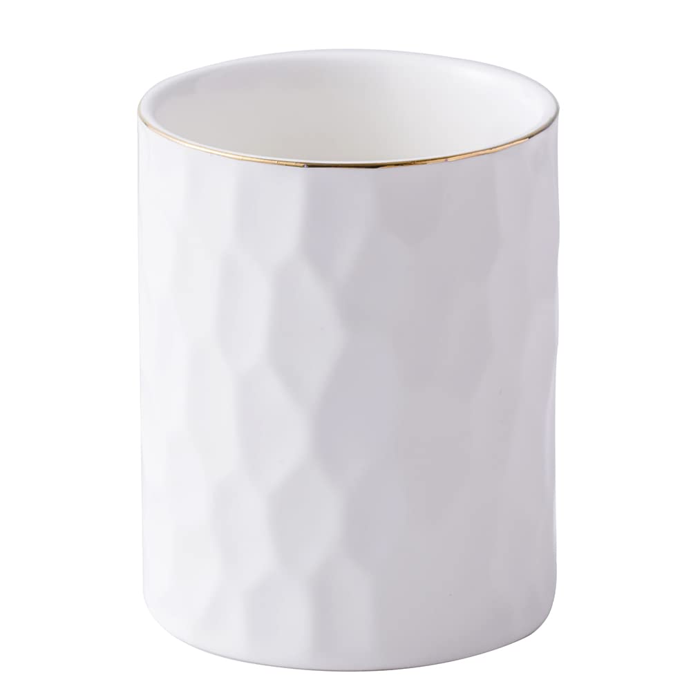 Ceramic Aesthetic Pen Holder for Desk Cute White Pencil Holder Cup Pot Desk Organizer Office Supplies - Stylish Office Decor, Makeup Brush Holder,Toothbrush Holder (White)