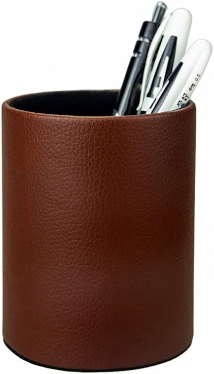 Dark Brown Pen Holder, Leather Pencil Holder, Simple Desktop pen cup, Elegant pen holder for desk, Stationery Organizer for Office School Home Dorm (Brown)