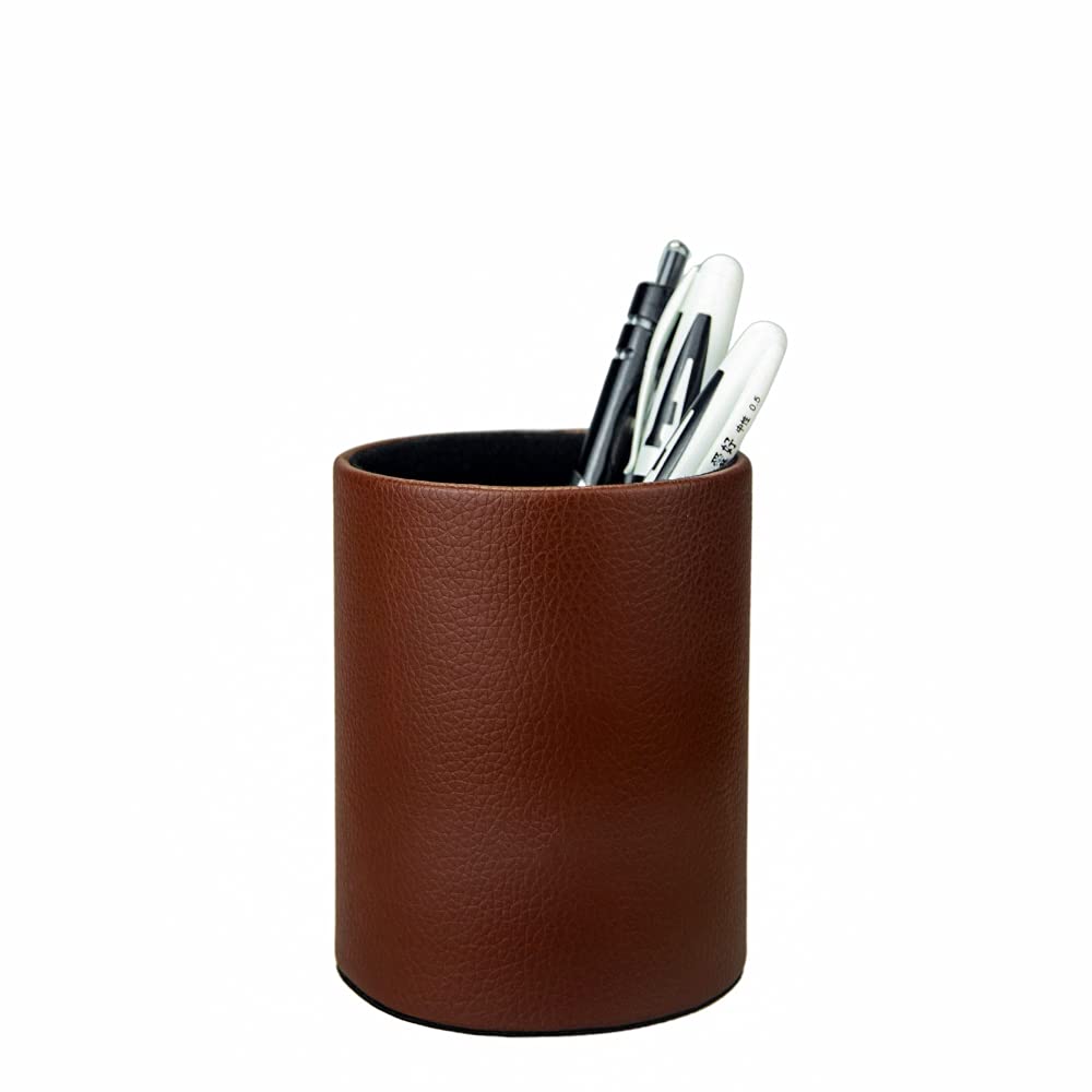 Dark Brown Pen Holder, Leather Pencil Holder, Simple Desktop pen cup, Elegant pen holder for desk, Stationery Organizer for Office School Home Dorm (Brown)