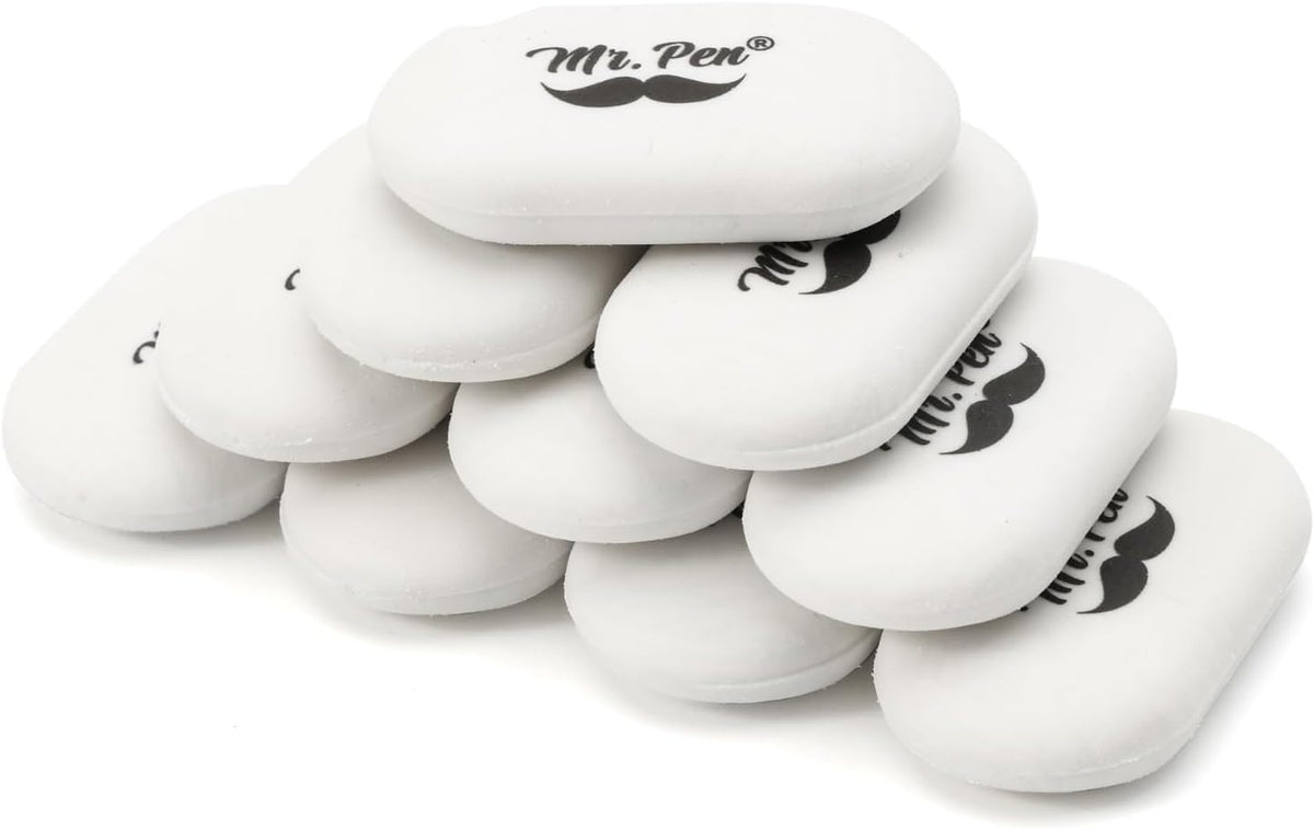 Mr. Pen- White Oval Pencil Erasers, 10 Pack, 1" x 2", Soft Rubber White Pencil Erasers for School, Office, Art Sketching, Homework, Exams, Clean Smudge-Free Correction
