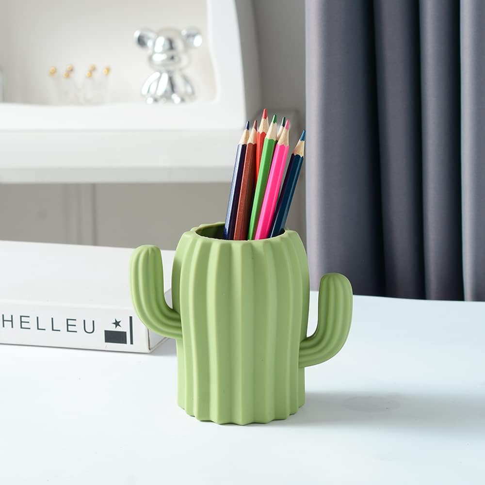 Silicone Pen Holder Cactus Cute Pencil Holder Cup Pot for Desk for Kids Office Decor Desk Organizer Makeup brush Holder Toothbrush Holder (Green)