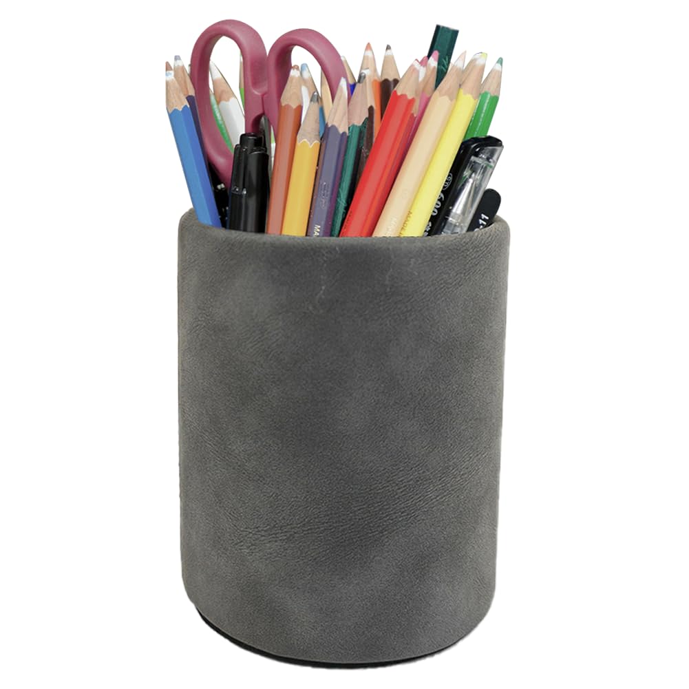 Leather Pen Holder, Brown Pencil Holder, Desktop Elegant Pen Holder for Desk, Stationery Organizer for School Office Home Dorm (3.3" x 3.3" x 4", Brown)