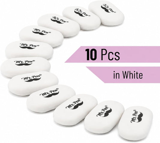 Mr. Pen- White Oval Pencil Erasers, 10 Pack, 1" x 2", Soft Rubber White Pencil Erasers for School, Office, Art Sketching, Homework, Exams, Clean Smudge-Free Correction
