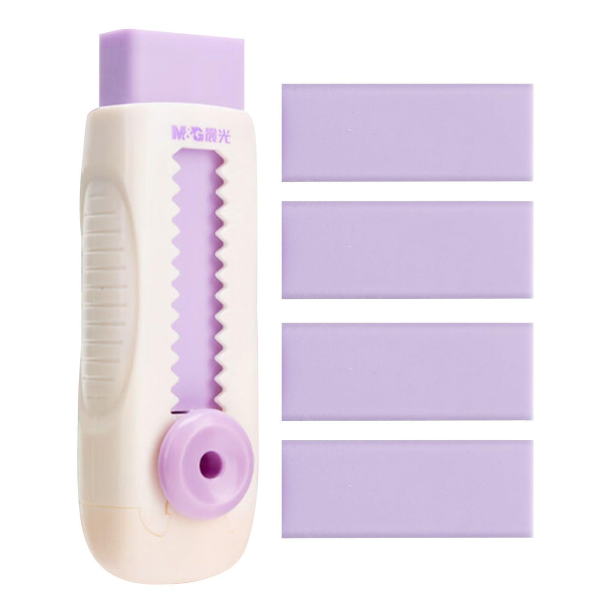 M&G 4+1 Pack Rubber Erasers Sliding Retractable Eraser, Soft Cute Erasers Push Pull Large Pencil Eraser with Plastic Sleeve 4 Refill Eraser for Students Kids, School Office Home Supplies (Purple)