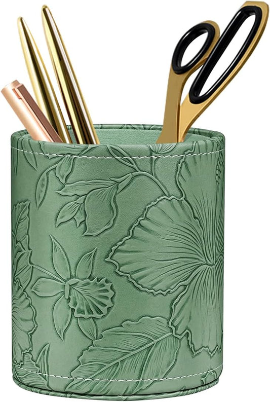 Round Leather Pen Holder for Desk, Desktop Organizer, (Carved Green)