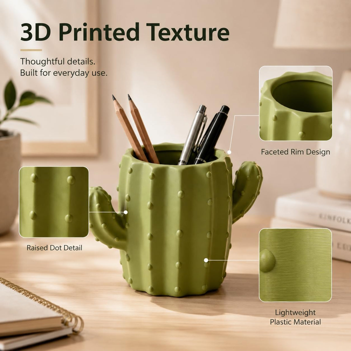 3D Printed Cactus Pen Holder, Cute Desk Organizer for Office Home Decor