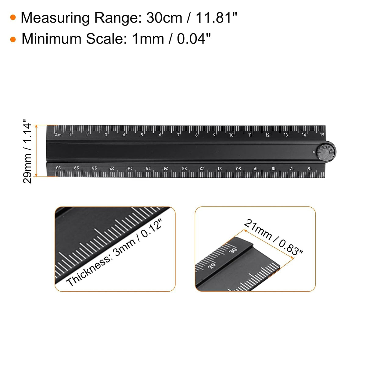 HARFINGTON Folding Straight Ruler 30cm Aluminum Alloy Protractor Black