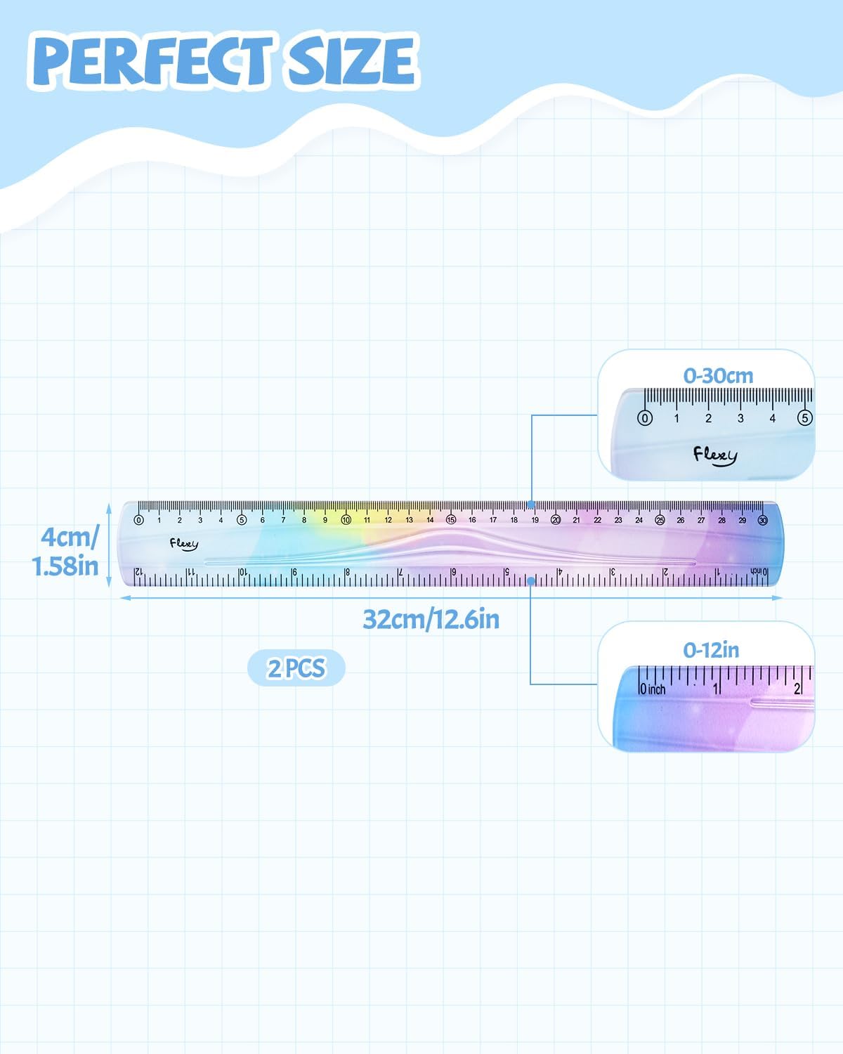 2 PCS 12 Inch Flexible Ruler, Bendable Plastic Ruler, Soft Bendable Gradient Colour Rulers with Centimeters and Inches for Student School Classroom Office Supplies