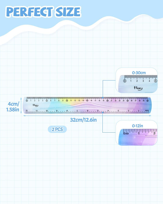 2 PCS 12 Inch Flexible Ruler, Bendable Plastic Ruler, Soft Bendable Gradient Colour Rulers with Centimeters and Inches for Student School Classroom Office Supplies