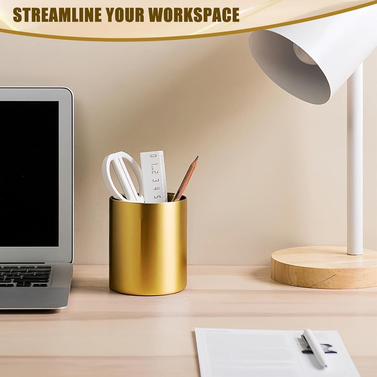Gold Pen Holder for Desk, 3.6 Inch Stainless Steel Gold Pencil Holder & Pencil Cup, Pen Cup and Makeup Brush Organizer for Office Desk, Vanity, Home Decor