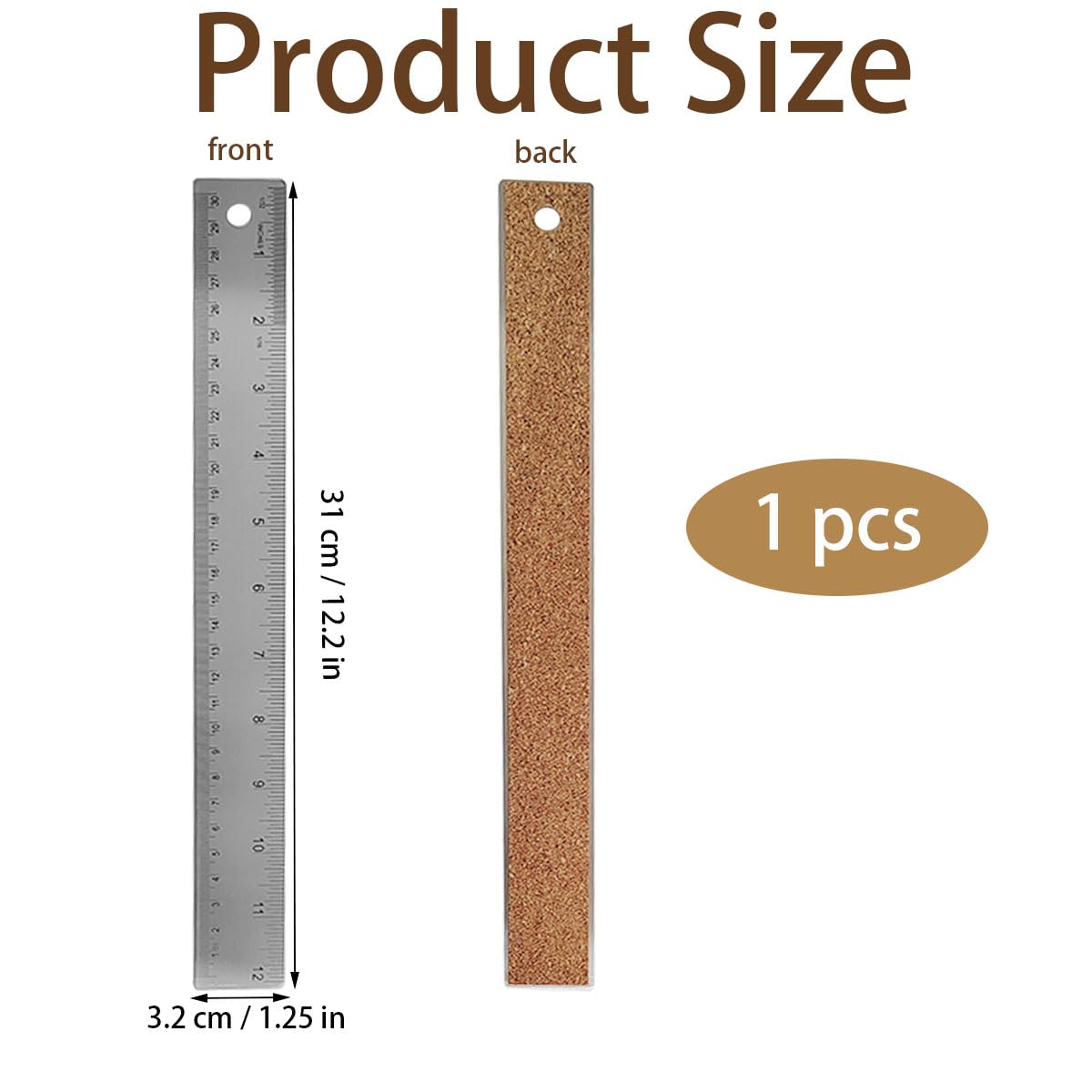 1 Pack 12-Inch Stainless Steel Metal Ruler with Non-Slip Cork Backing