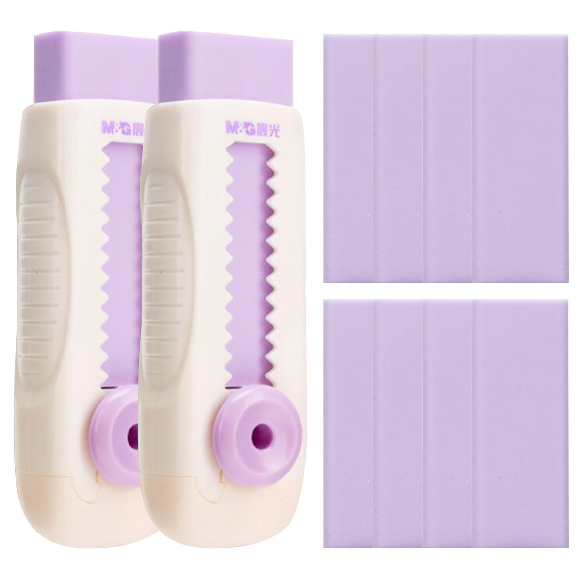 M&G 4+1 Pack Rubber Erasers Sliding Retractable Eraser, Soft Cute Erasers Push Pull Large Pencil Eraser with Plastic Sleeve 4 Refill Eraser for Students Kids, School Office Home Supplies (Purple)