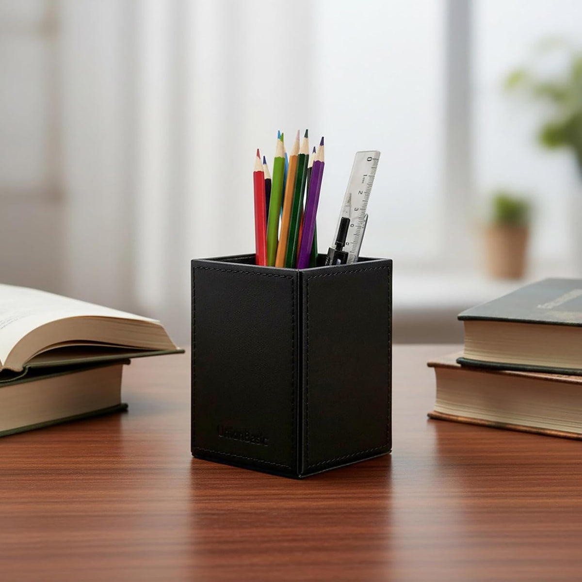 UnionBasic Square Pen Holder, Leather Pencil Cup, Desktop Caddy Stationery Organizer, Black