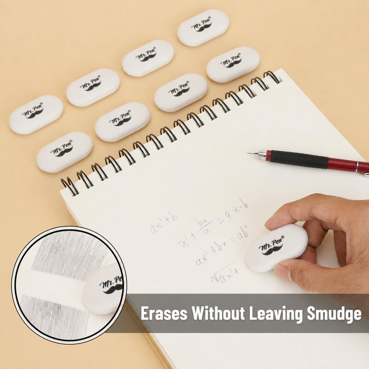 Mr. Pen- White Oval Pencil Erasers, 10 Pack, 1" x 2", Soft Rubber White Pencil Erasers for School, Office, Art Sketching, Homework, Exams, Clean Smudge-Free Correction