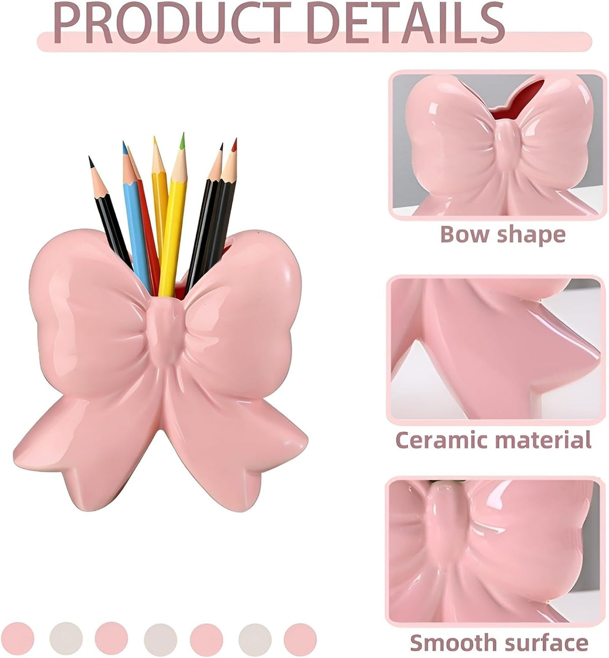 Bow Pen Holder for Desk, Coquette Ceramic Pencil Organizer Makeup Brush Holders with Bow, School Supplies Cute Office Decor, Back to School Accessories for Teachers Appreaction Gift for Women(pink)