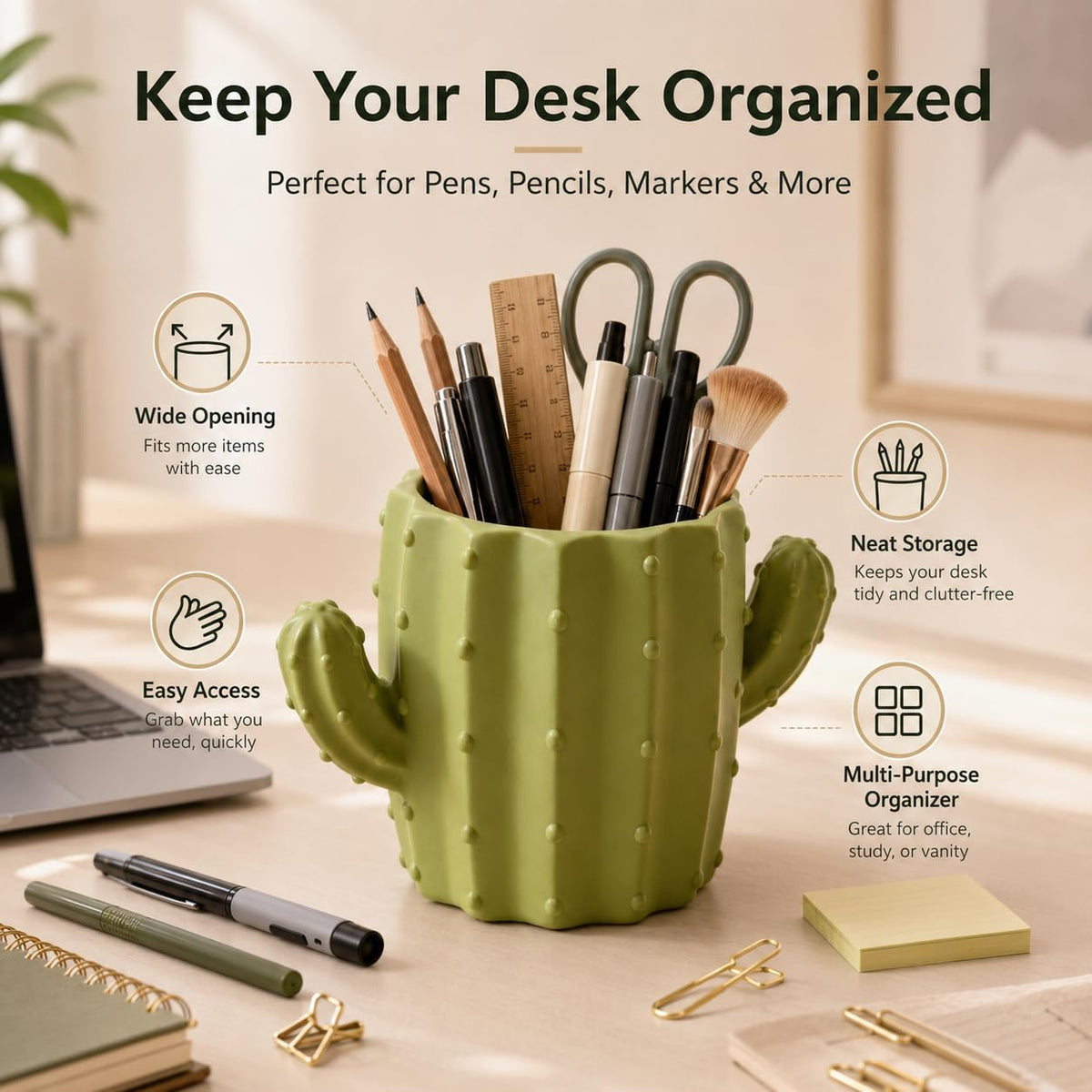 3D Printed Cactus Pen Holder, Cute Desk Organizer for Office Home Decor