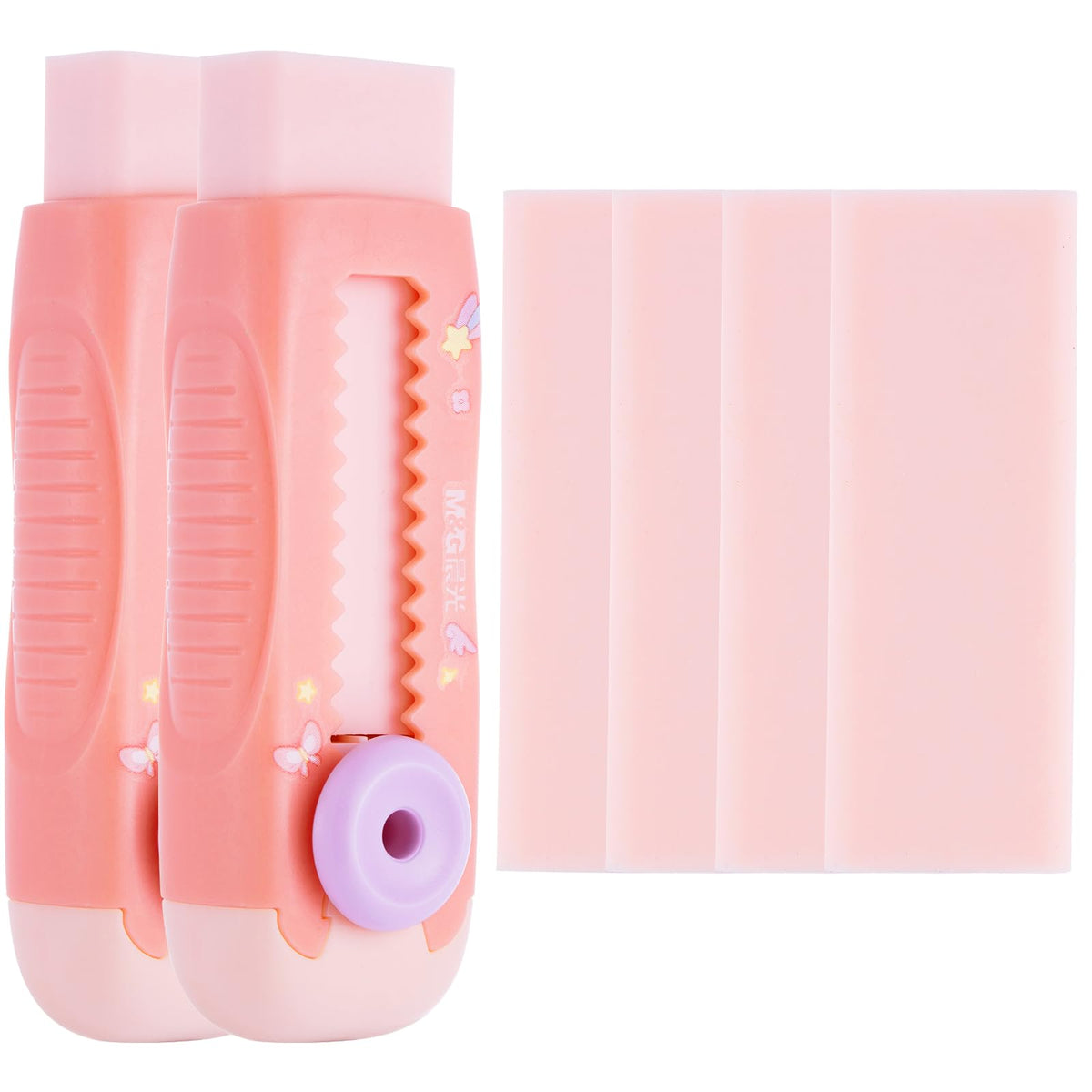 M&G 4+1 Pack Rubber Erasers Sliding Retractable Eraser, Soft Cute Erasers Push Pull Large Pencil Eraser with Plastic Sleeve 4 Refill Eraser for Students Kids, School Office Home Supplies (Purple)