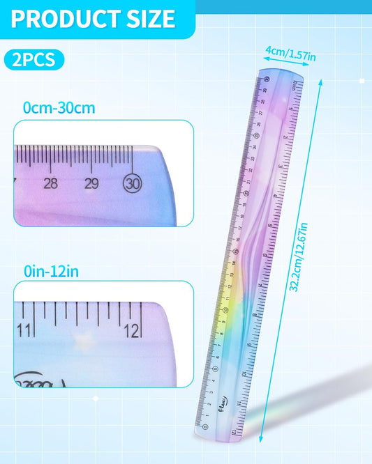 2 Pcs 12 Inch Flexible Ruler, Bendable Plastic Ruler, Gradient-Colored Flexible Rulers with Centimeters and Inches for Students, School, Classroom and Office Use