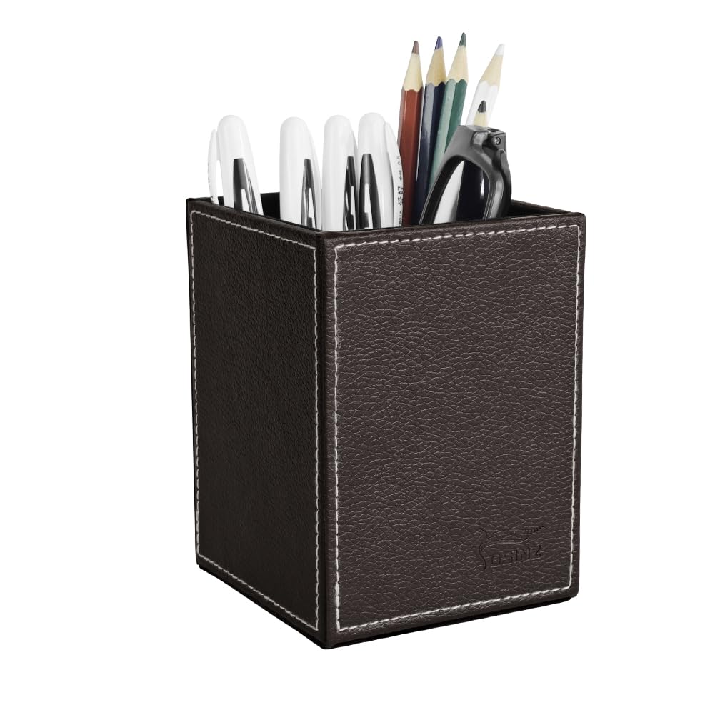 Leather Pen Holder, Brown Pencil Holder, Desktop Elegant Pen Holder for Desk, Stationery Organizer for School Office Home Dorm (3.3" x 3.3" x 4", Brown)