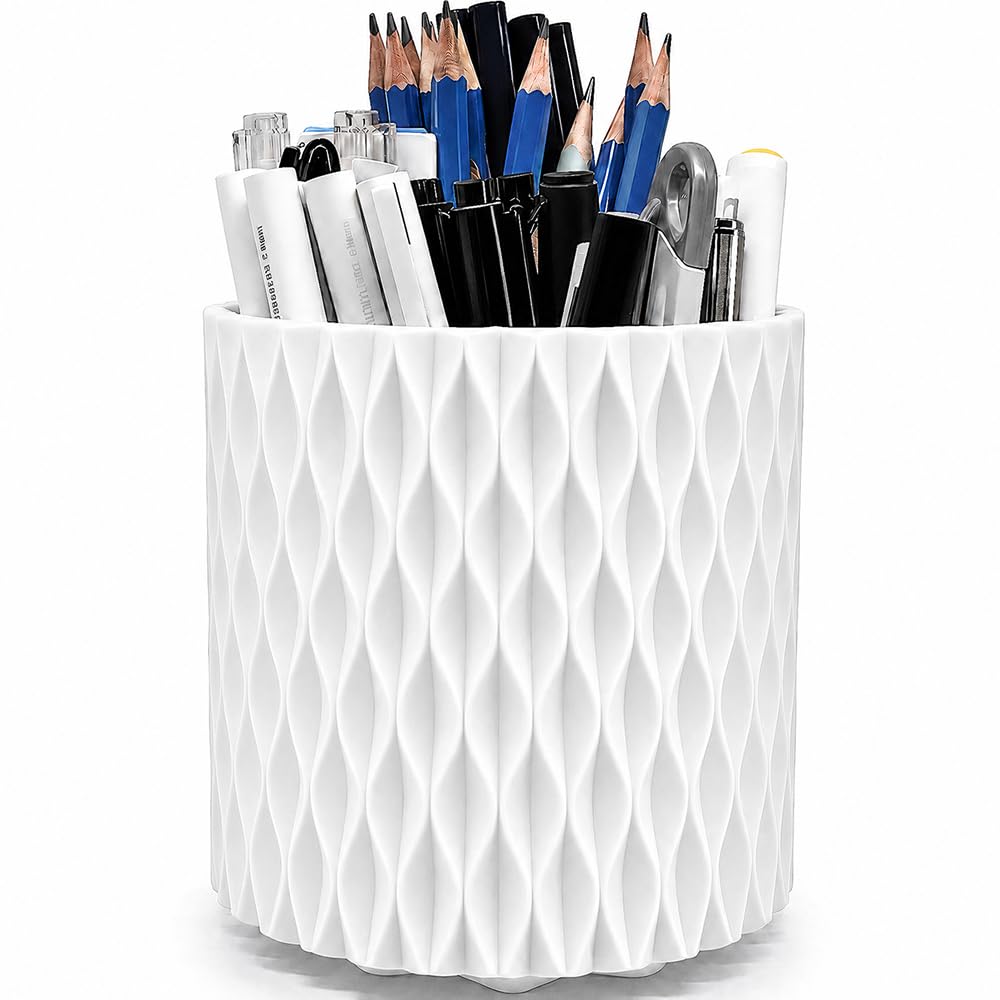 Lebenrich Rotating Pen Holder for Desk, Cute White Pencil Holder, Pen Cup