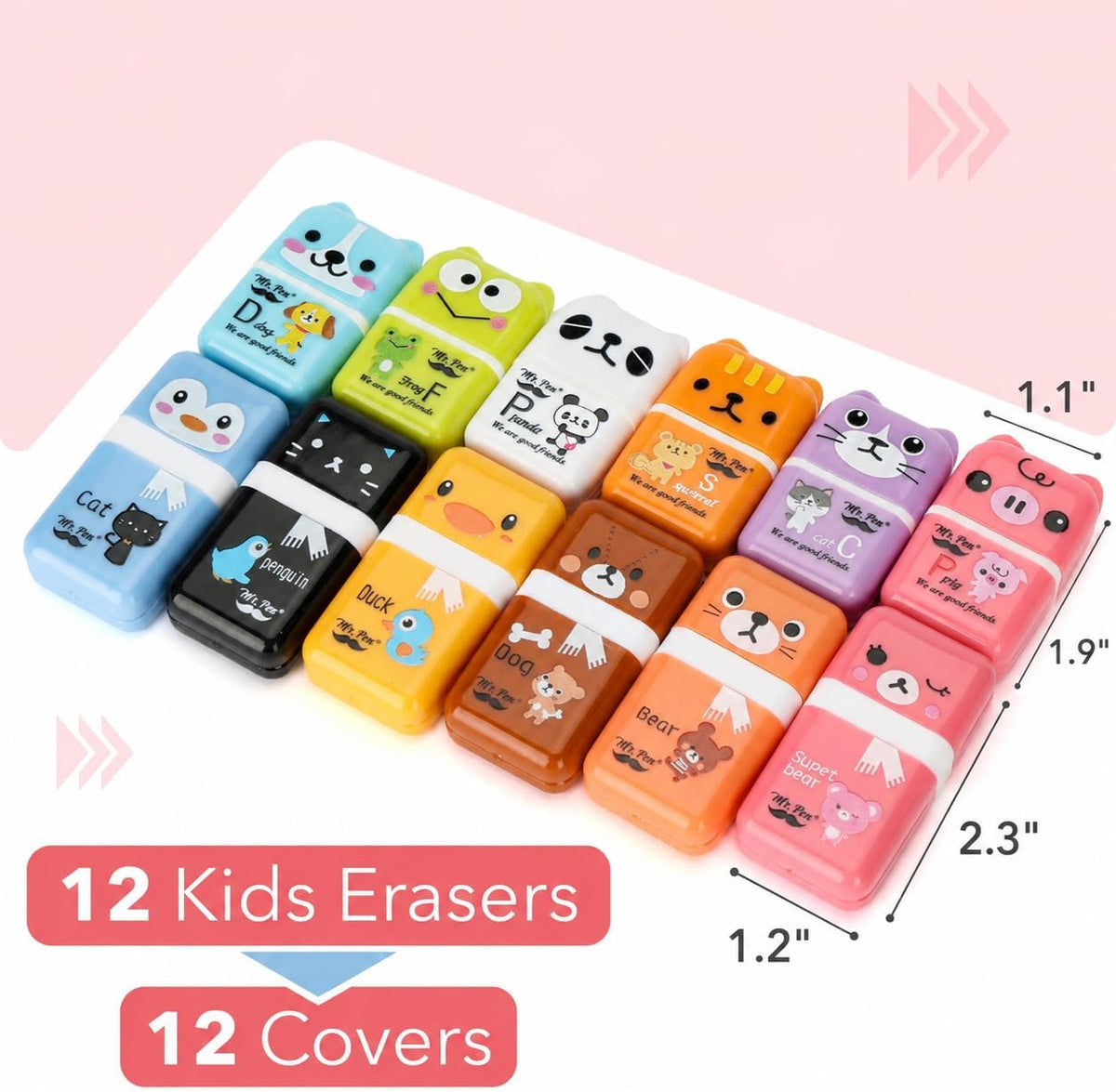 Mr. Pen- Cute Animal Eraser with Clean Up Roller and Cover, 12 Pack, Latex-Free, Rubber Pencil Erasers with Collector Rollers for Teens & Kids, Teacher, Classroom, School Supplies, Party Favor