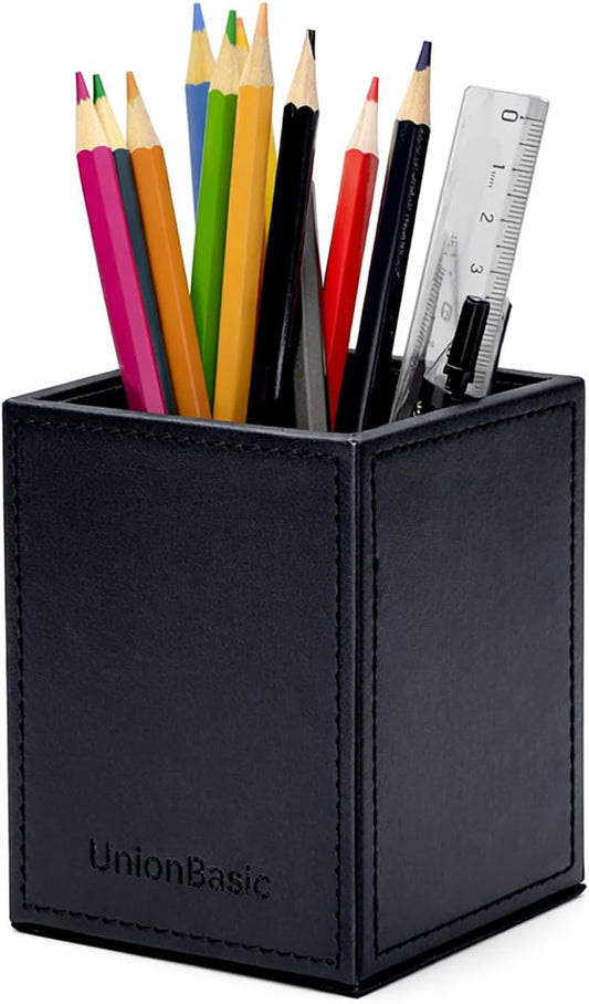 UnionBasic Square Pen Holder, Leather Pencil Cup, Desktop Caddy Stationery Organizer, Black