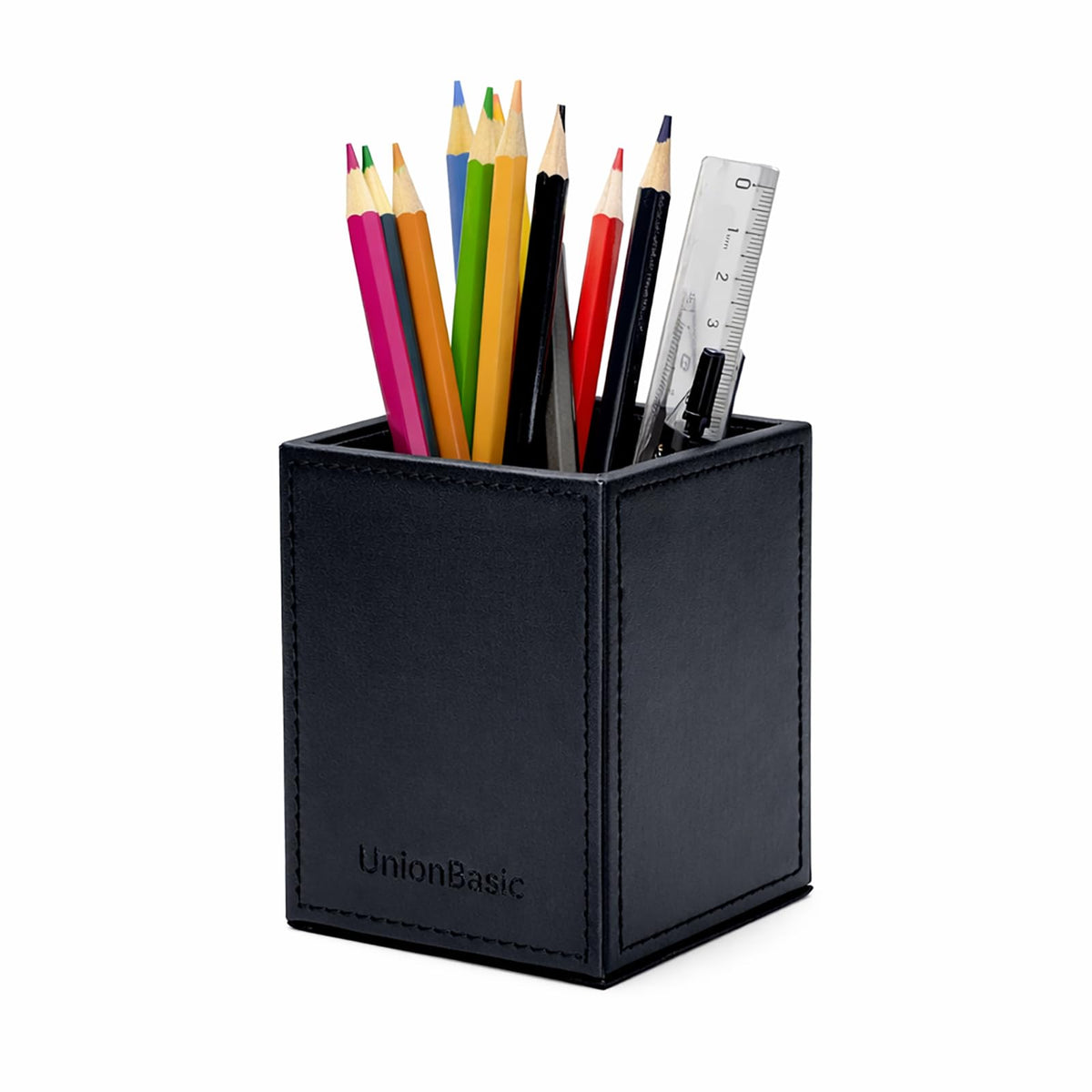 UnionBasic Square Pen Holder, Leather Pencil Cup, Desktop Caddy Stationery Organizer, Black
