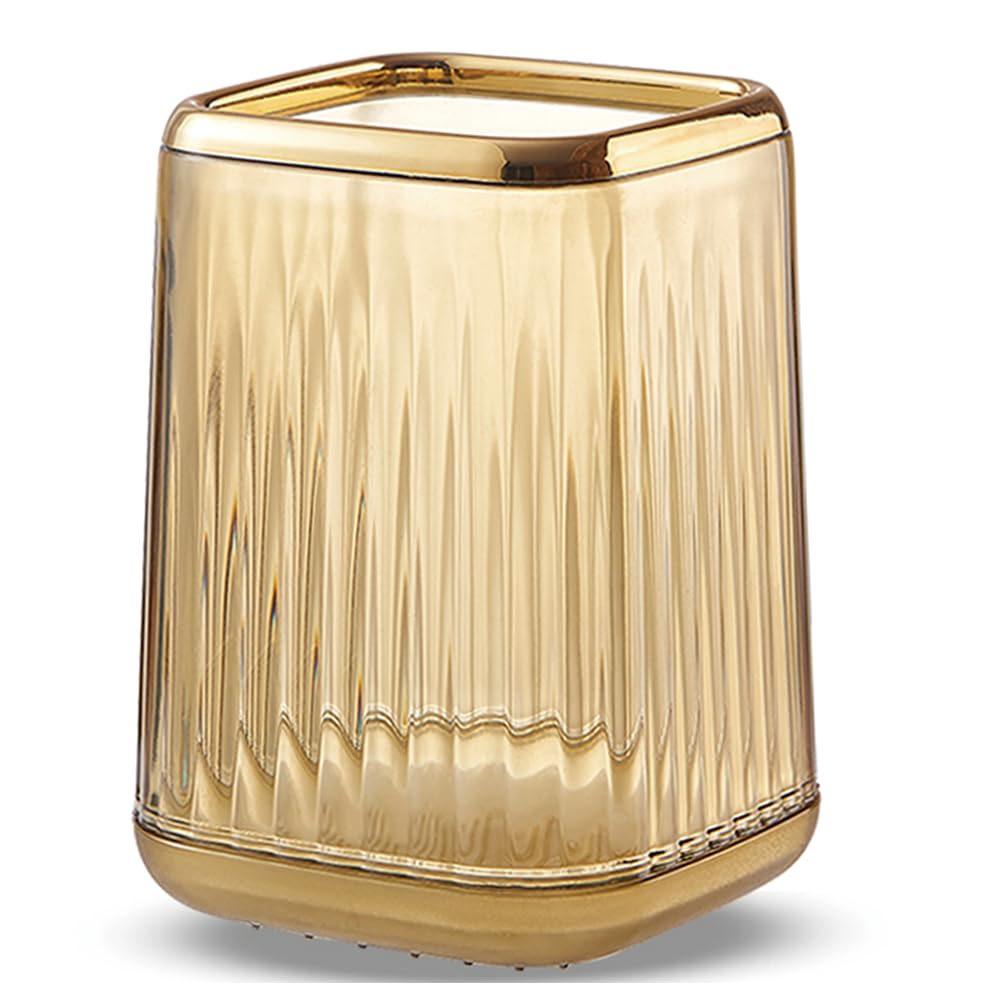 Acrylic Pen Holder, Cute Clear Gold Desk Organizer for Pencils, Makeup Brushes Toothbrushes with Striped Design for Vanity Bathroom Storage Cup