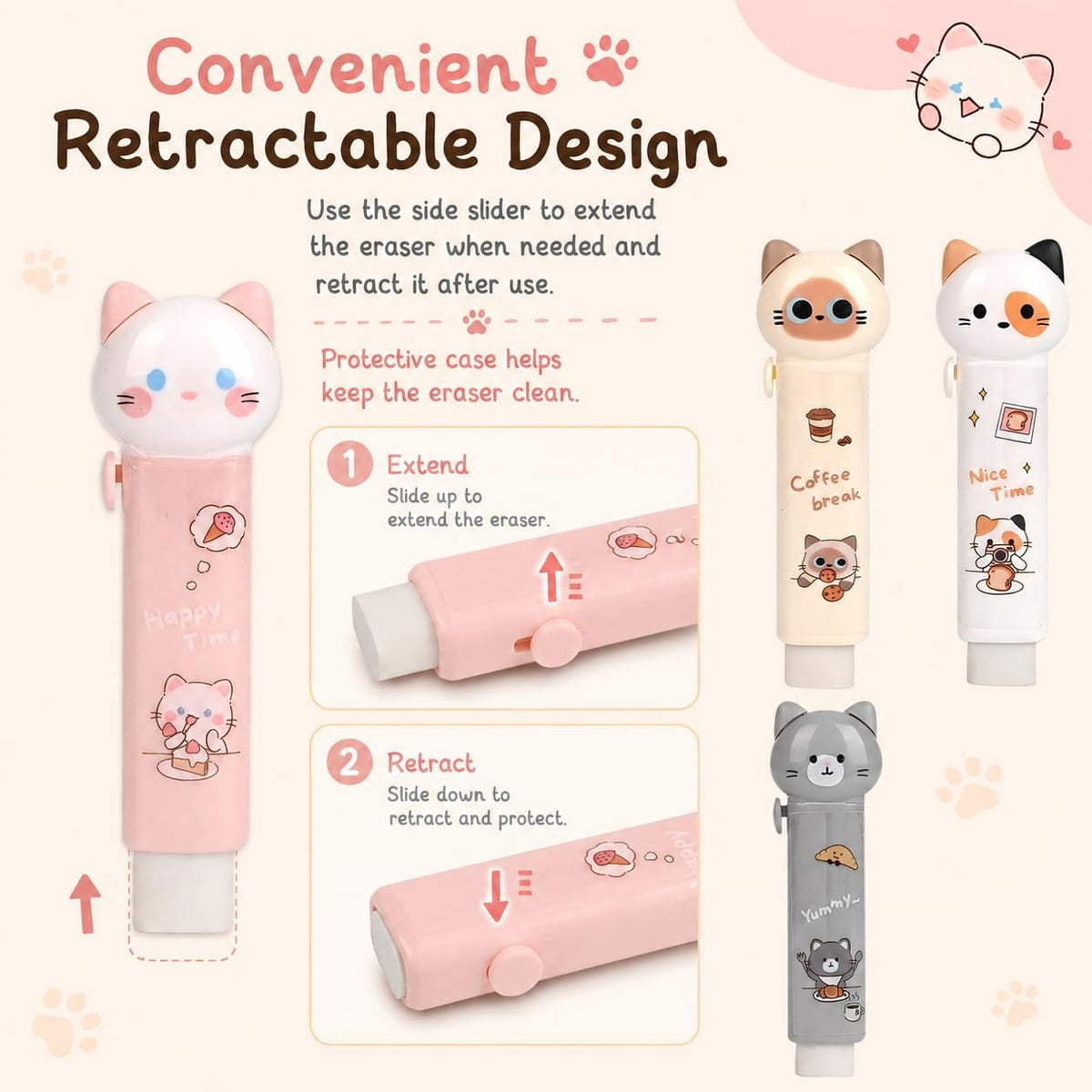 4 Pcs Cute Cat Retractable Pencil Eraser, Push-Pull Rubber Eraser Back to School Supplies for School Home Office Supplies Party Favors Gift