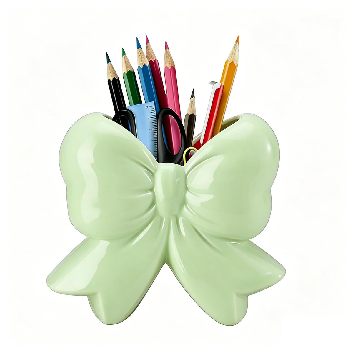 Bow Pen Holder for Desk, Coquette Ceramic Pencil Organizer Makeup Brush Holders with Bow, School Supplies Cute Office Decor, Back to School Accessories for Teachers Appreaction Gift for Women(pink)