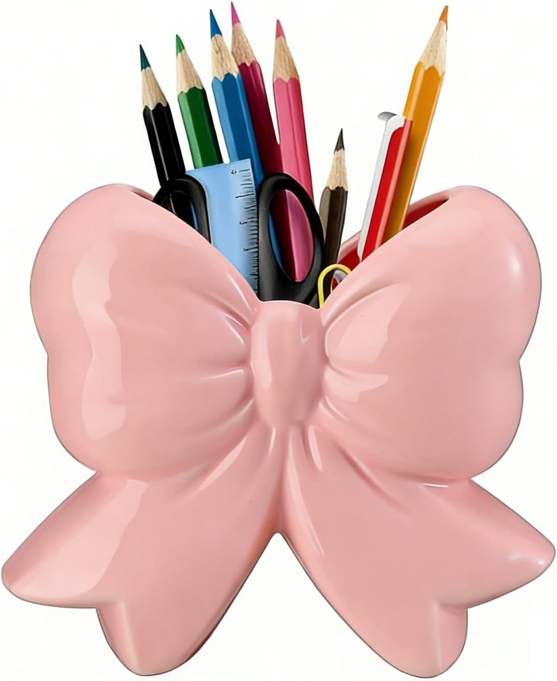 Bow Pen Holder for Desk, Coquette Ceramic Pencil Organizer Makeup Brush Holders with Bow, School Supplies Cute Office Decor, Back to School Accessories for Teachers Appreaction Gift for Women(pink)