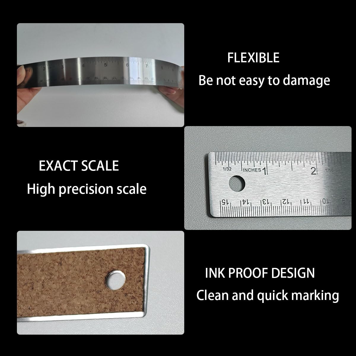 1 Pack 12-Inch Stainless Steel Metal Ruler with Non-Slip Cork Backing