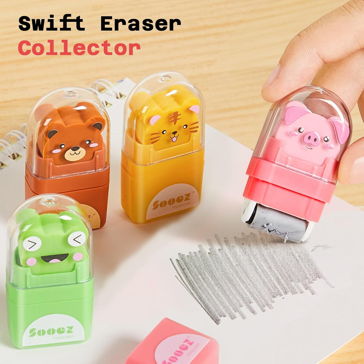 Sooez 12 Pack Pencil Erasers, Cute Animal Eraser with Clean Up Roller