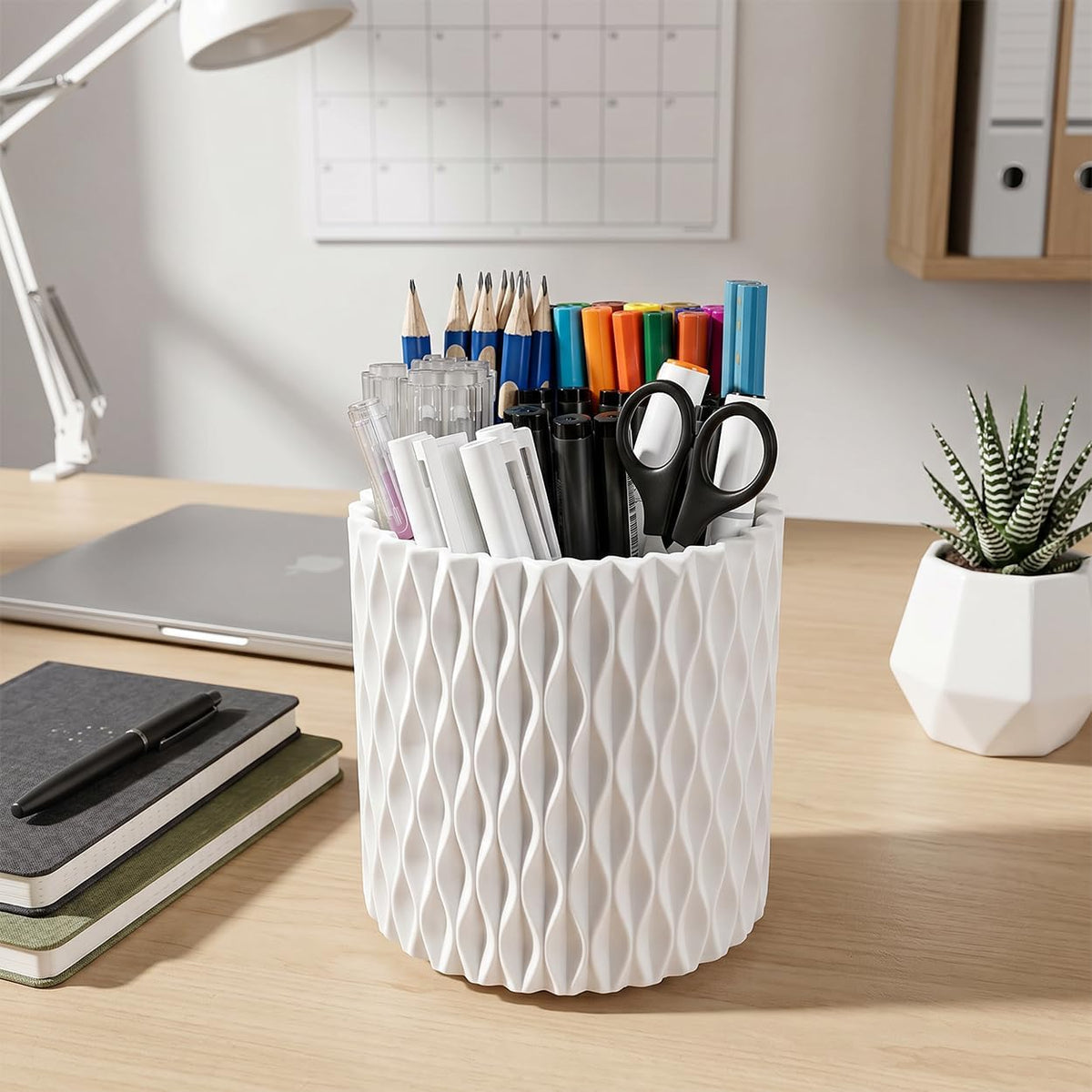 Lebenrich Rotating Pen Holder for Desk, Cute White Pencil Holder, Pen Cup