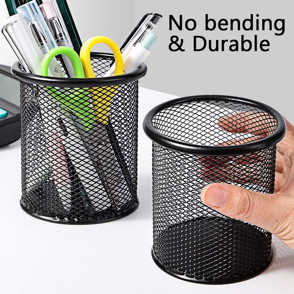 Ameceres 4 Packs Metal Pencil Cup Wire Mesh Pen Holder for Desk (Black)