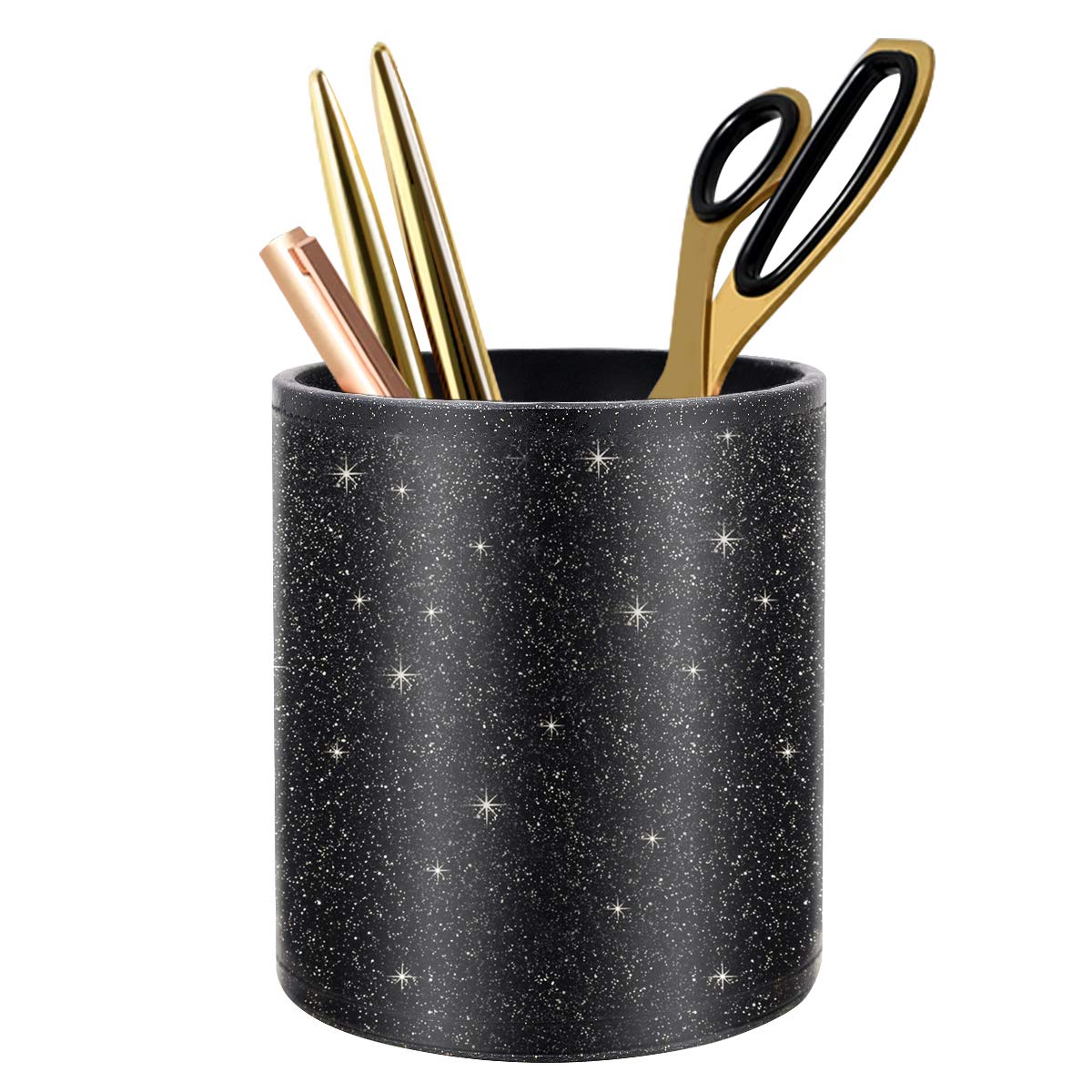 Round Leather Pen Holder for Desk, Desktop Organizer, (Carved Green)