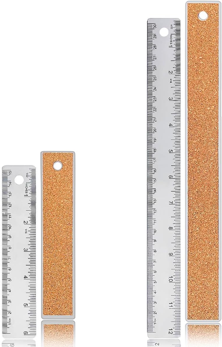 Metal Ruler 6 Inch 12 Inch Stainless Steel Metal Ruler with Cork Backing, Non-Slip Rulers with Inch and Centimeters, Straight Edge Cork Base Rulers for Student School Office Drafting Tools
