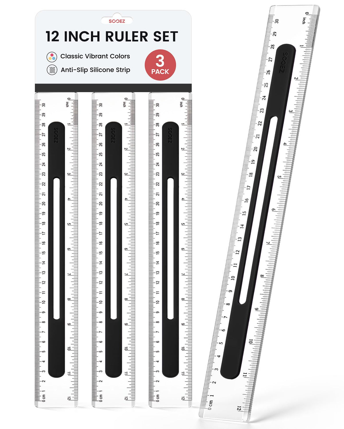 Sooez 6 Pack Ruler 12 Inch, Anti-Slip Clear Rulers for Kids School, Pastels