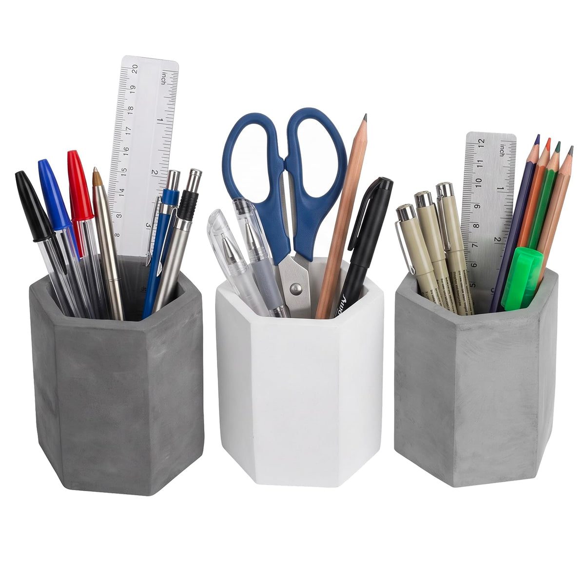 MyGift Pen Holder Pencil Holder For Desk,Pen Cup Holder For Desk,Concrete Desktop Pencil Cup,Modern Gray-Tone,Set of 3