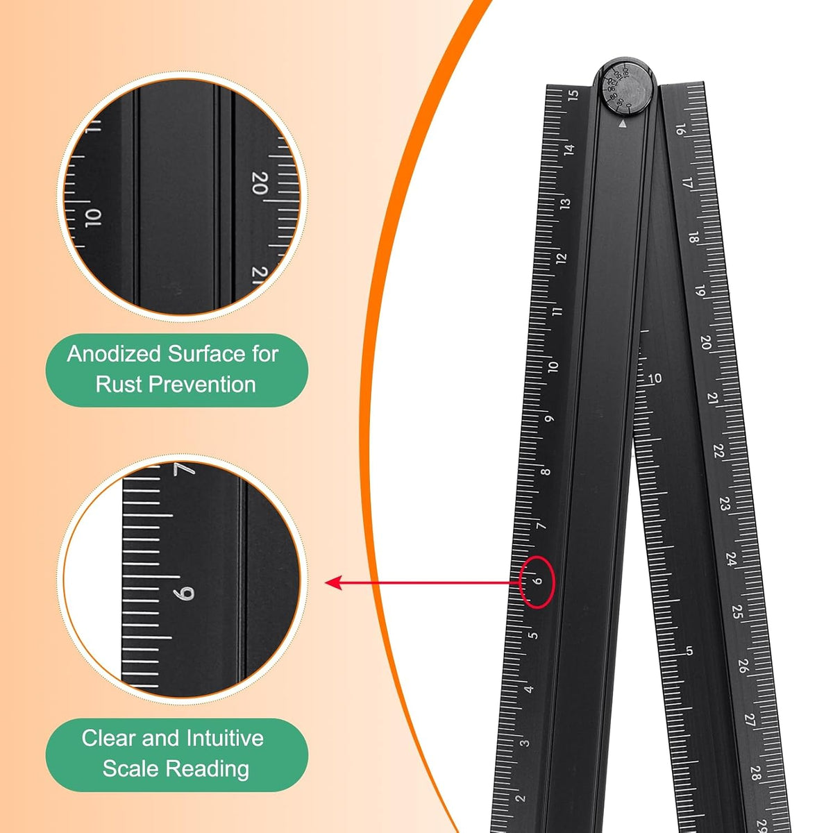 HARFINGTON Folding Straight Ruler 30cm Aluminum Alloy Protractor Black